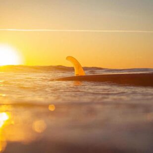 Surfbrett auf dem Wasser liegend während eines Sunsets in Ericeira